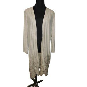 Soft Surroundings Tan Open Front Cardigan Cover Up Size Large Floral Embroidery